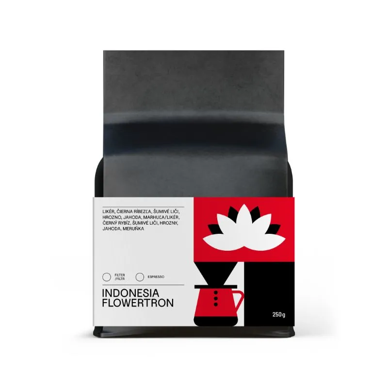Výberová zrnková káva Indonesia Flowertron ALTER-NATIV COFFEE – 250 g balenie, dizajnový obal s motívom prípravy kávy