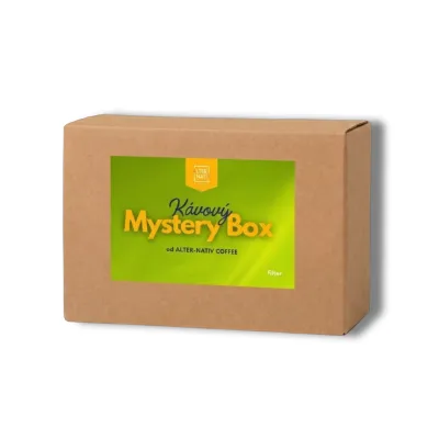 Kraftová darčeková krabica Kávový Mystery Box od ALTER-NATIV COFFEE – so zelenou etiketou.