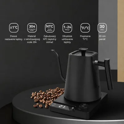 Elektrická gooseneck kanvica 1 l – digitálna regulácia teploty, nerez 304