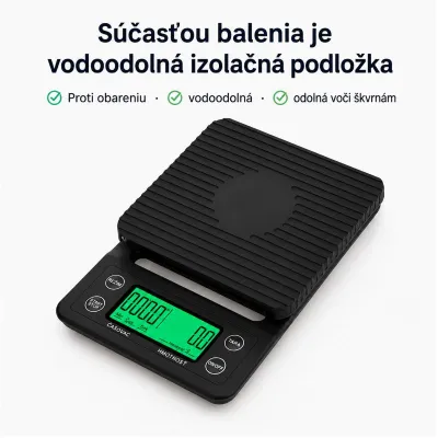 Digitálna váha na kávu s časovačom – miska a mletá káva